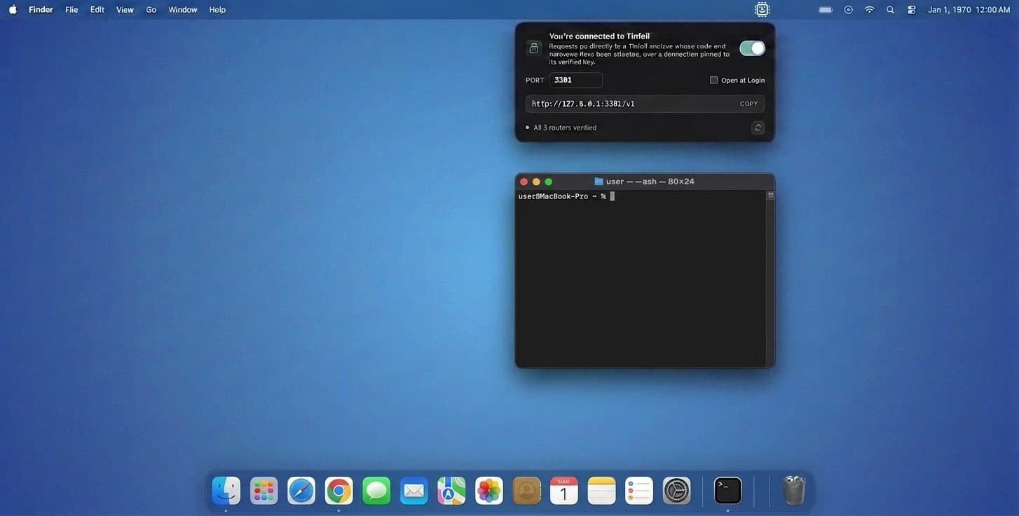 The Tinfoil Proxy menu-bar app showing a verified connection