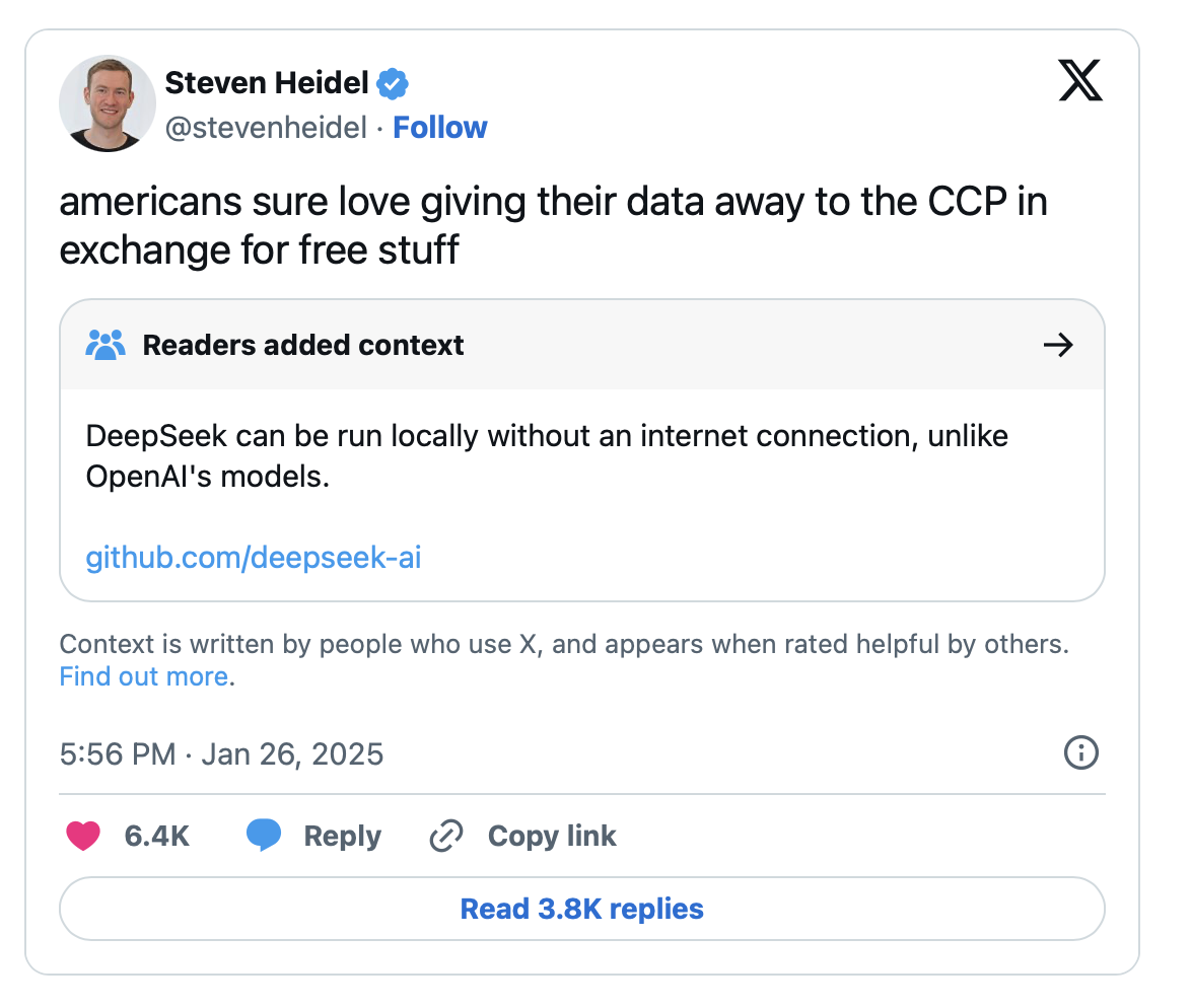 Tweet about AI privacy and data handling