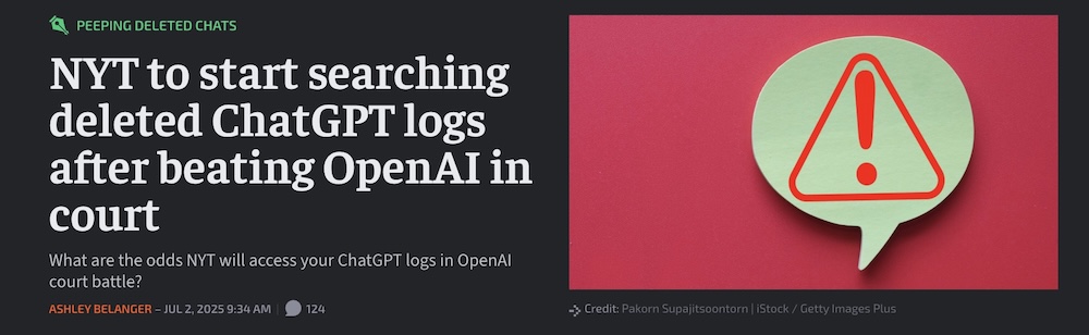 Ars Technica article about NYT searching deleted ChatGPT logs