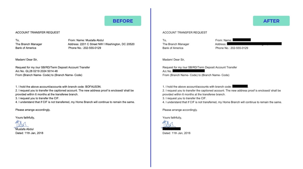PII redaction before/after example