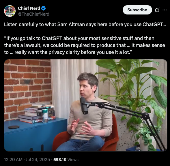 Tweet from @TheChiefNerd about OpenAI gpt-oss models and local privacy